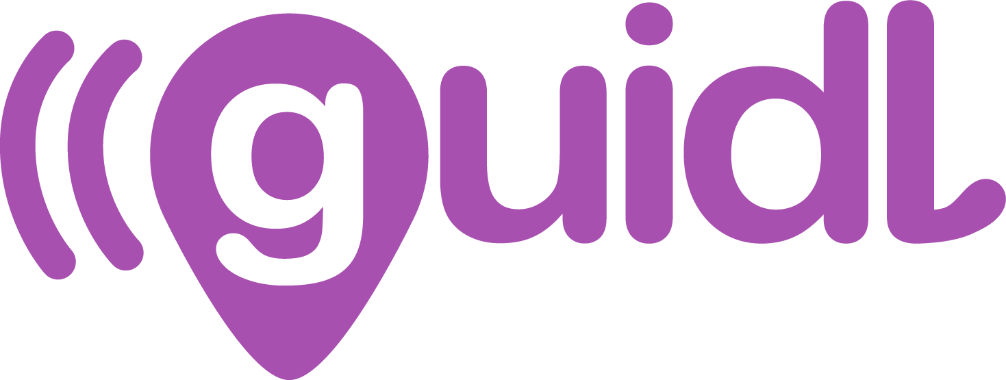 Guud logo in purple with a white lowercase 'g' inside a location pin icon, and purple text spelling 'guidl'.