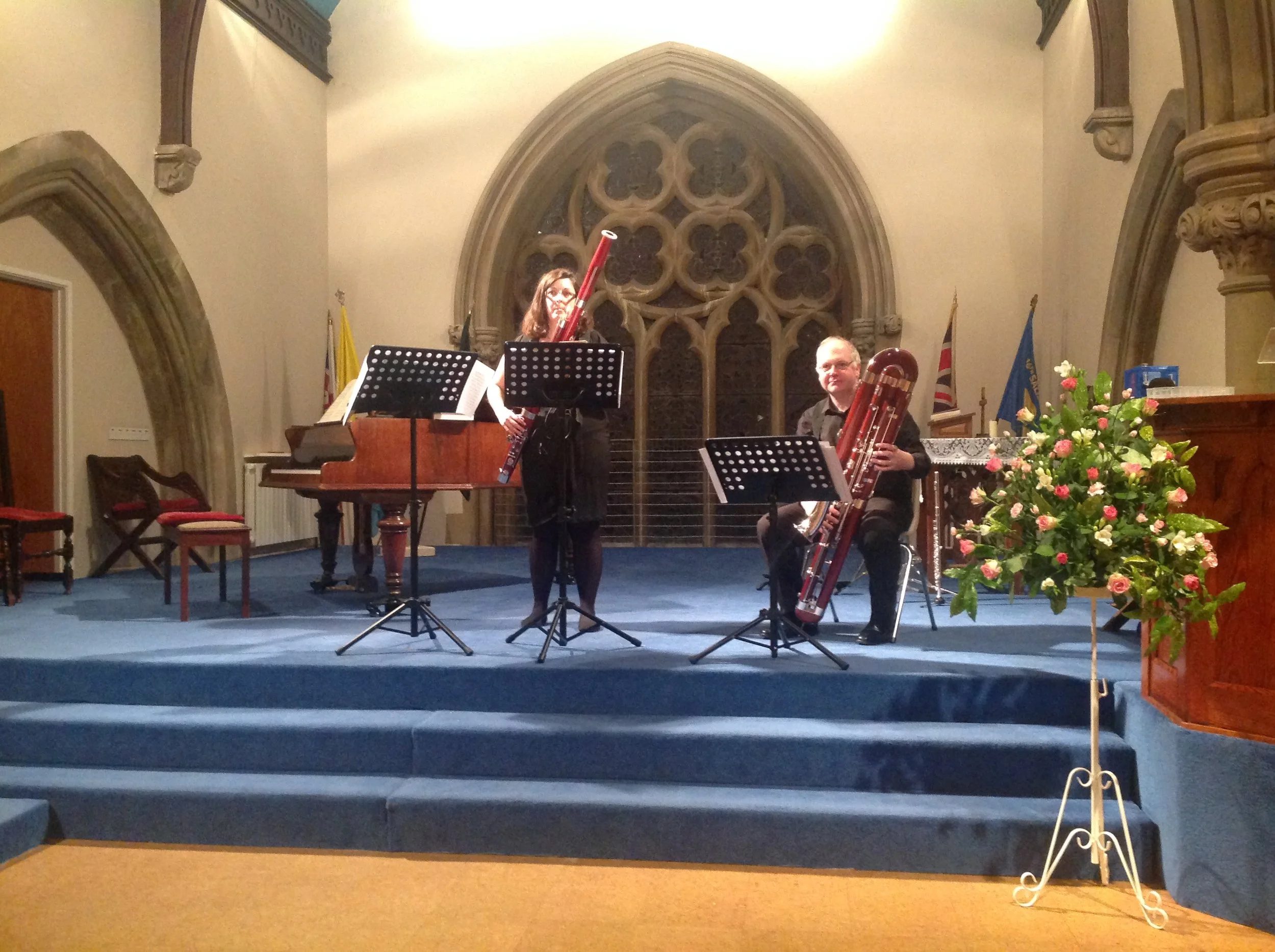Katy with bassoon and Miles with contrabassoon on stage in Salisbury
