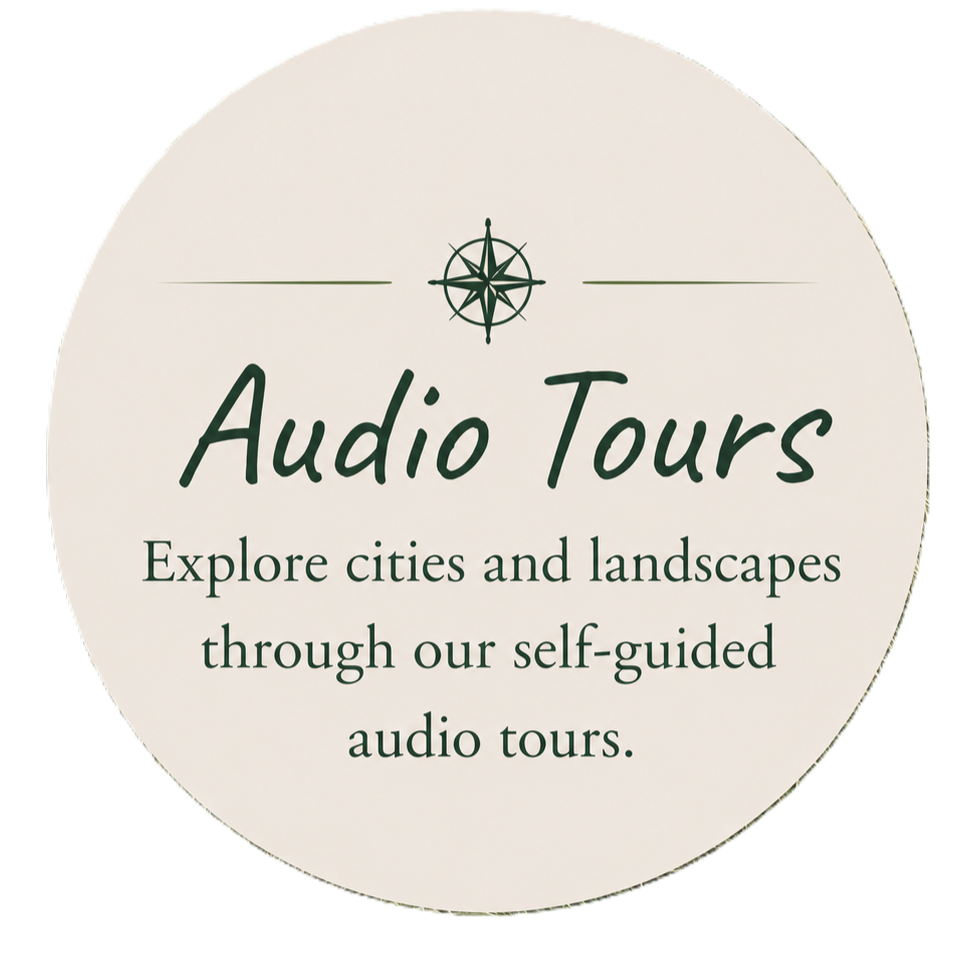 Logo for Audio Tours with a compass symbol above the text, which reads "Audio Tours" and a subtitle "Explore cities and landscapes through our self-guided audio tours."