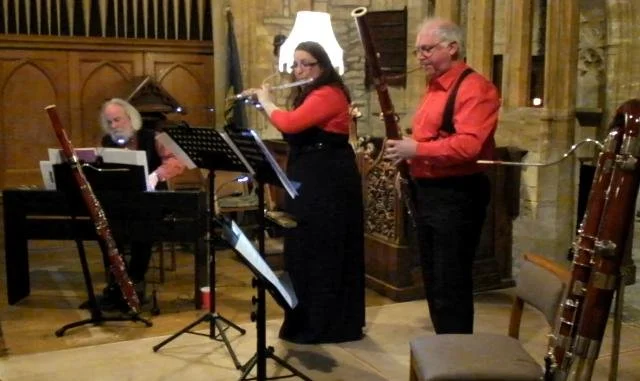 Katy, Miles and Richard at Bradford Abbas Church with instruments