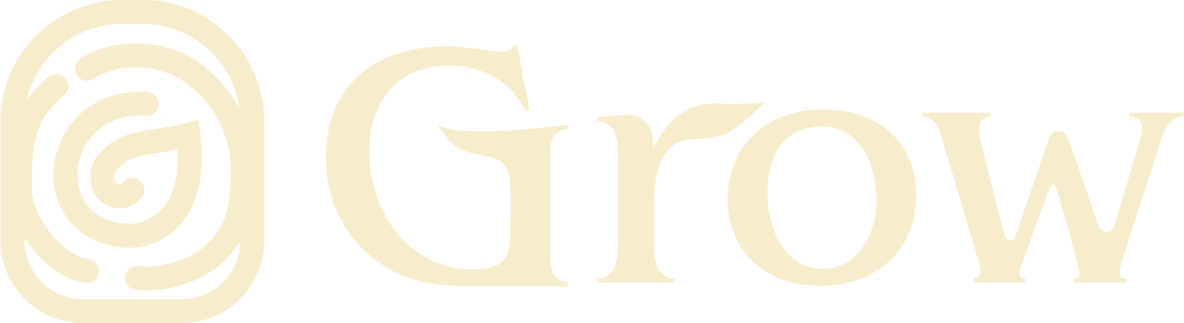 Text that says 'GROW' with a circular spiral design to the left of the word.