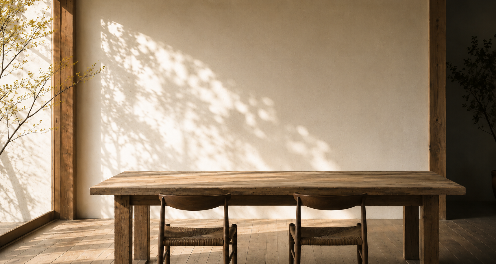 Intérieur minimaliste avec un mur en bois et une table en bois accompagnée de trois chaises en bois, éclairé par la lumière naturelle d'une fenêtre laissant passer des ombres d'arbres.