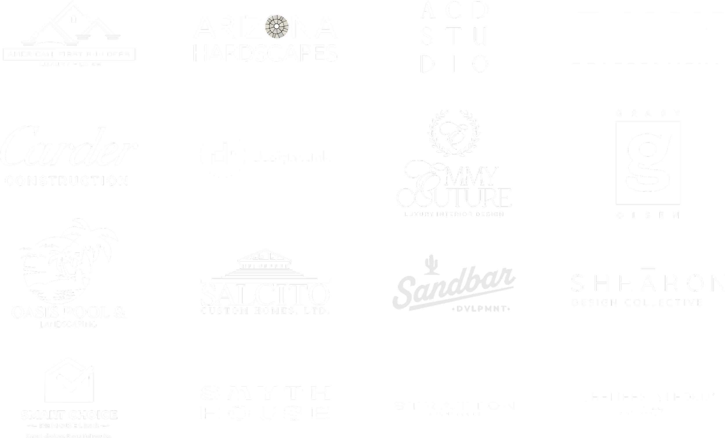 Collection of black and white logos for various companies including home construction, landscaping, interior design, real estate, and architecture brands.