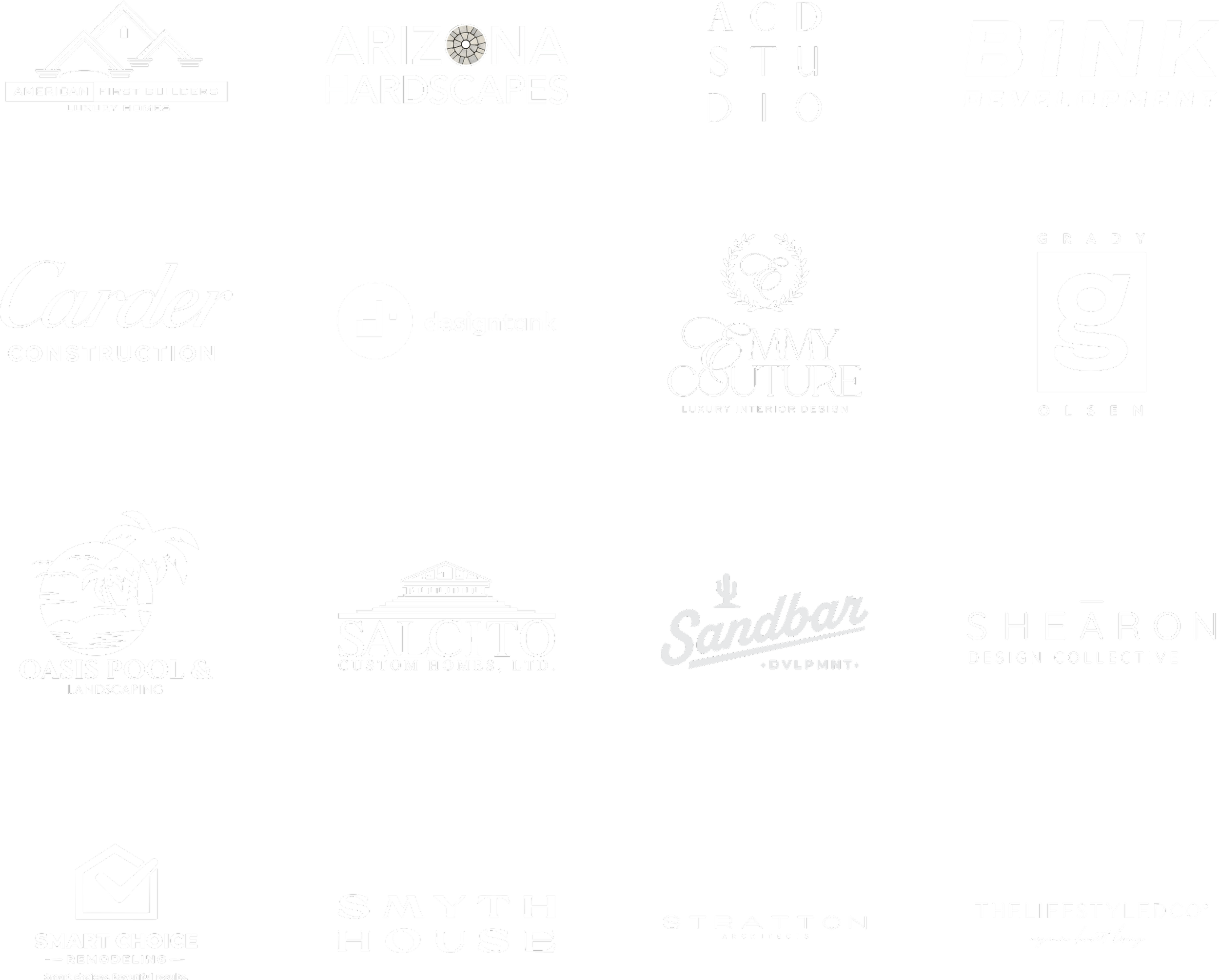 A collage of black and white logos of various home design, construction, landscaping, and real estate companies and brands
