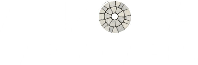 Text that reads 'Arizona Hardscapes' with a circular stone design in place of the letter 'O' in 'Arizona'.