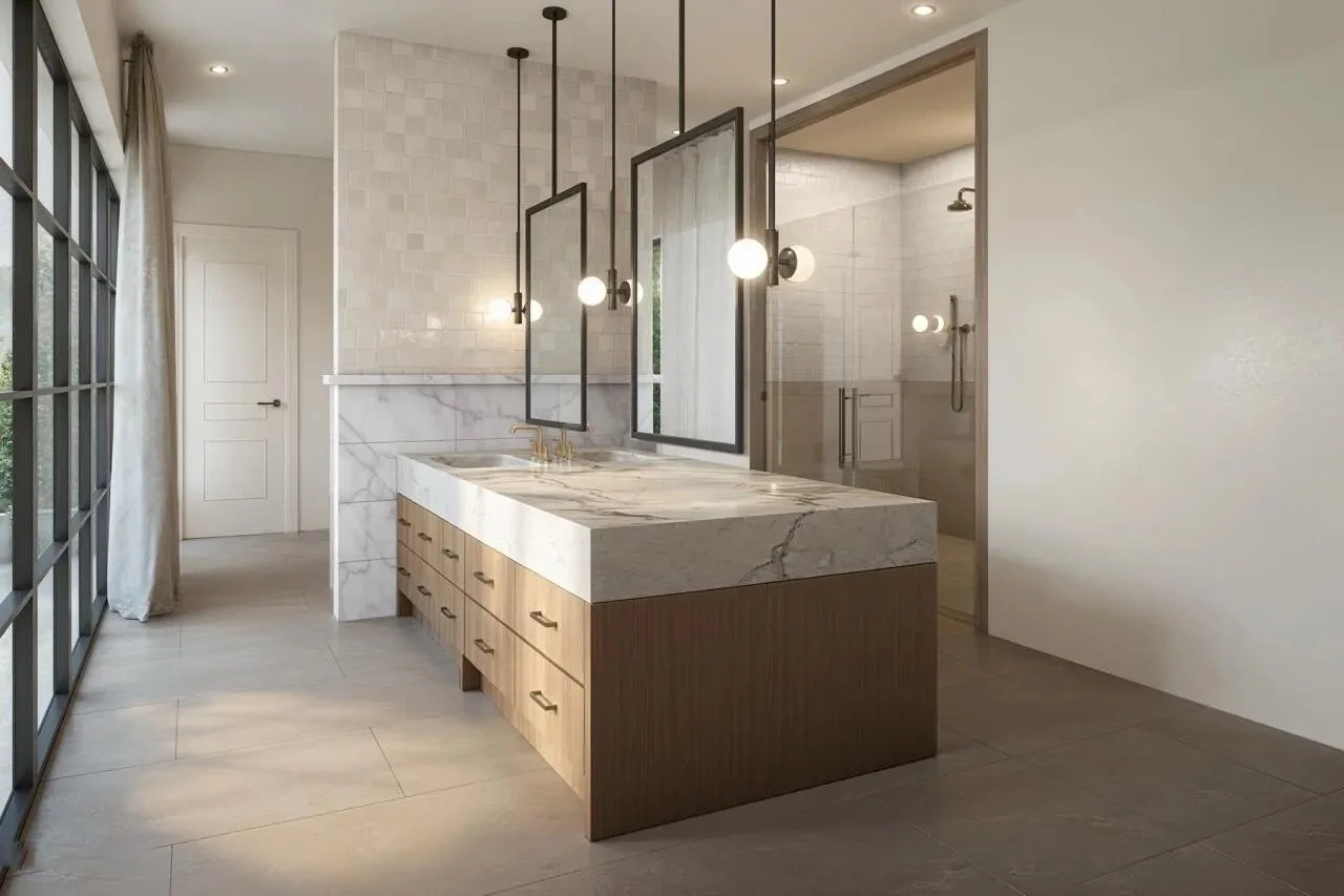 Modern bathroom with a marble counter island, pendant lights, a walk-in shower with glass doors, and large windows with curtains.