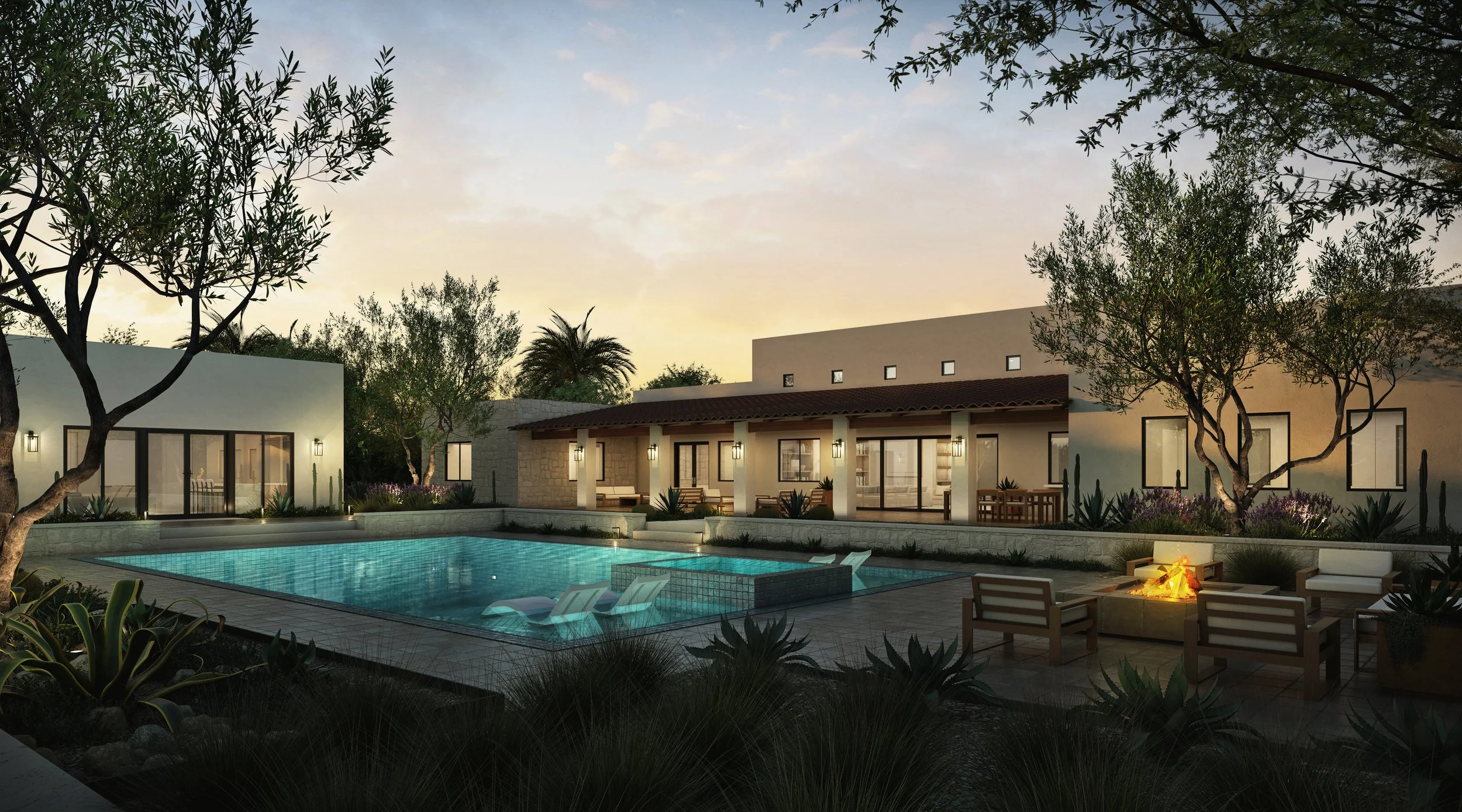 Modern house with a swimming pool and outdoor seating area during sunset, surrounded by trees and plants.