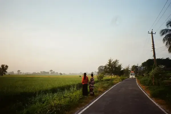 Two people standing at the edge of a wide green agricultural field next to a quiet, narrow paved road under a soft morning sky.