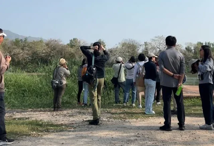A group of birdwatchers and citizen scientists standing along a dirt path, using binoculars and cameras to spot wildlife in the surrounding trees.