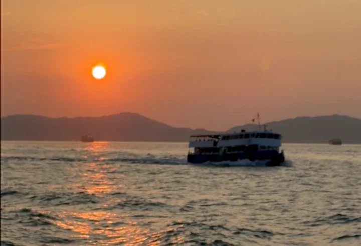 A passenger ferry cruising across ocean waters during a vibrant, golden sunset over distant mountain silhouettes.