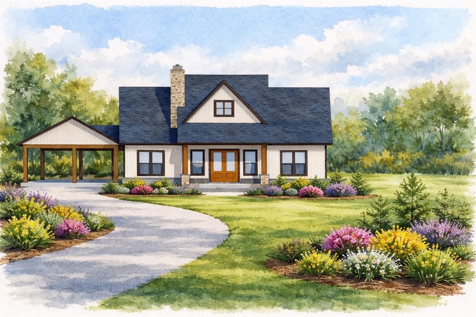 A watercolor painting of a white house with a dark blue roof, surrounded by a well-maintained lawn, colorful flower beds, and trees in the background.