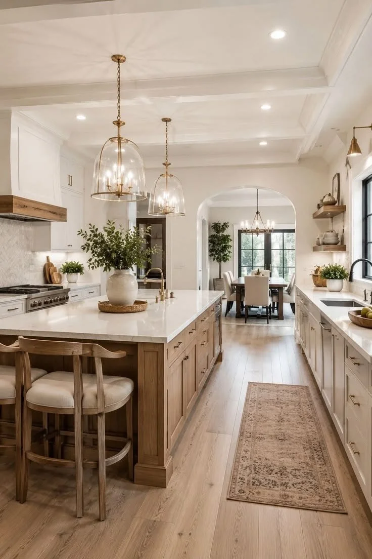A bright, modern kitchen with white cabinets, wooden accents, a large island with a white countertop, hanging pendant lights, potted plants, and a view into a dining area with a table and chairs.