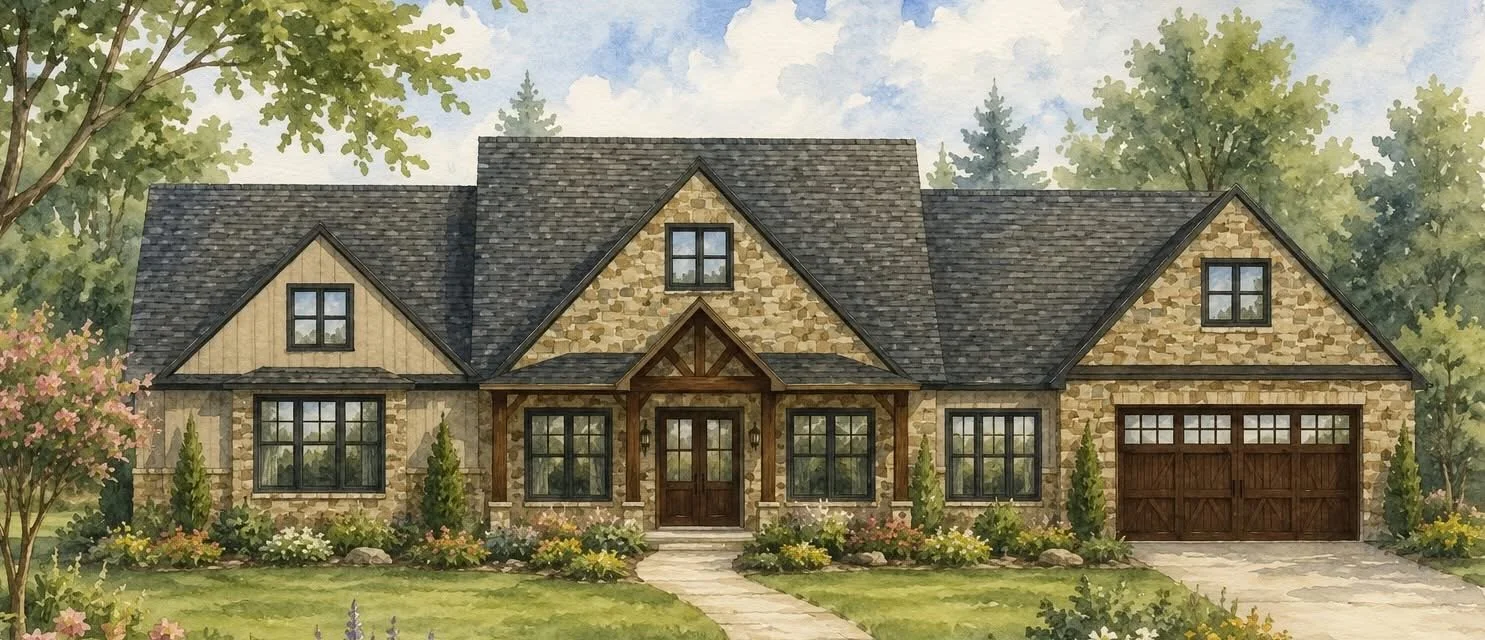 Watercolor painting of a large house with a stone and wood exterior, multiple gabled roofs, front porch with wooden columns, landscaped yard with flowers and trees.