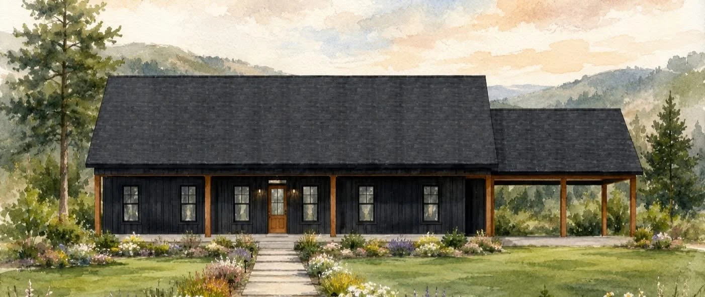 Watercolor painting of a black barn with wooden accents, surrounded by a garden with flowers, trees, and distant mountains.