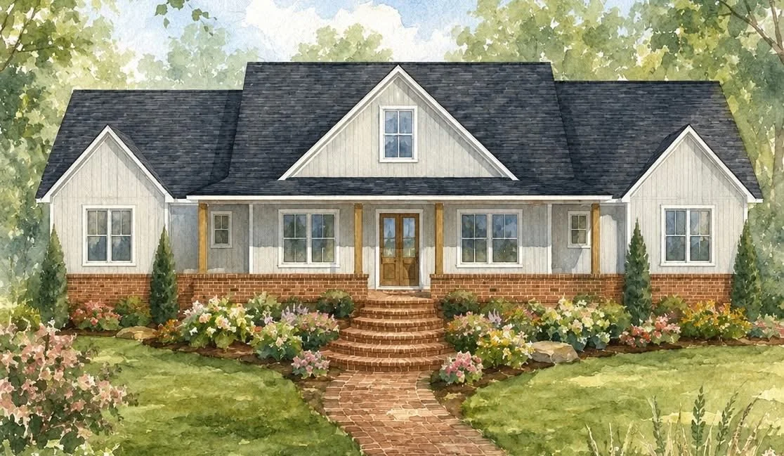 A watercolor painting of a house with a front porch, surrounded by a lawn and flowering bushes.
