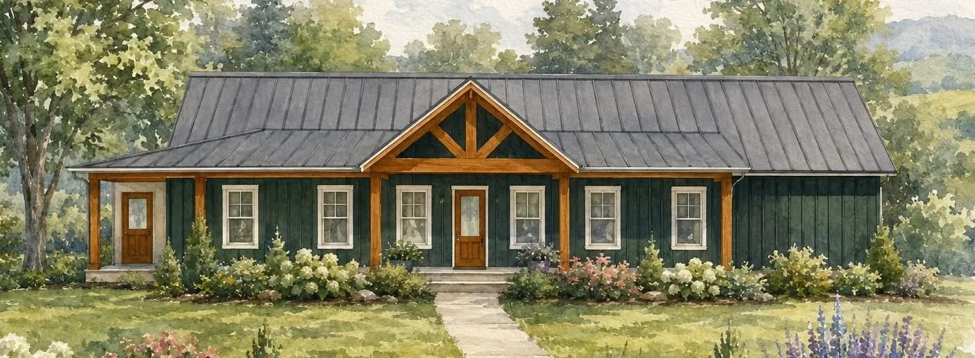 A watercolor painting of a single-story house with a dark green exterior, wooden accents, and a metal roof. The house has a centered front door flanked by four windows, two on each side. There is a garden with bushes and flowers in front, and a stone pathway leading to the steps.