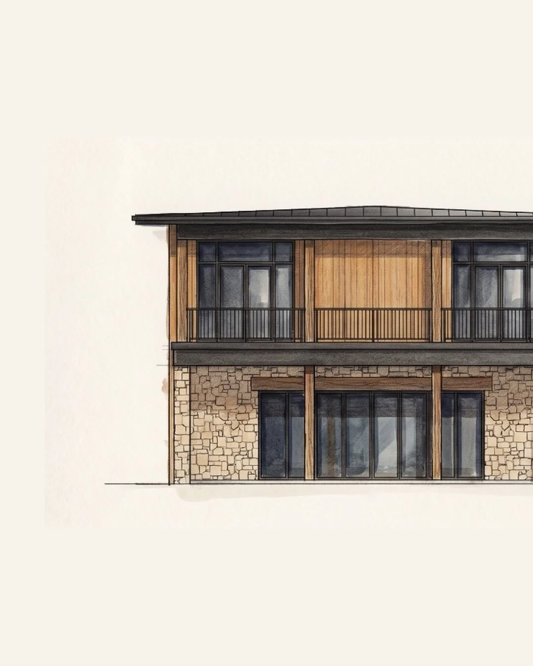 On the boards: an early schematic concept for a custom lakefront retreat exploring how architecture and interiors work together to frame views, bring in natural light, and shape layered indoor&ndash;outdoor living along the shoreline.

Stone, warm ve
