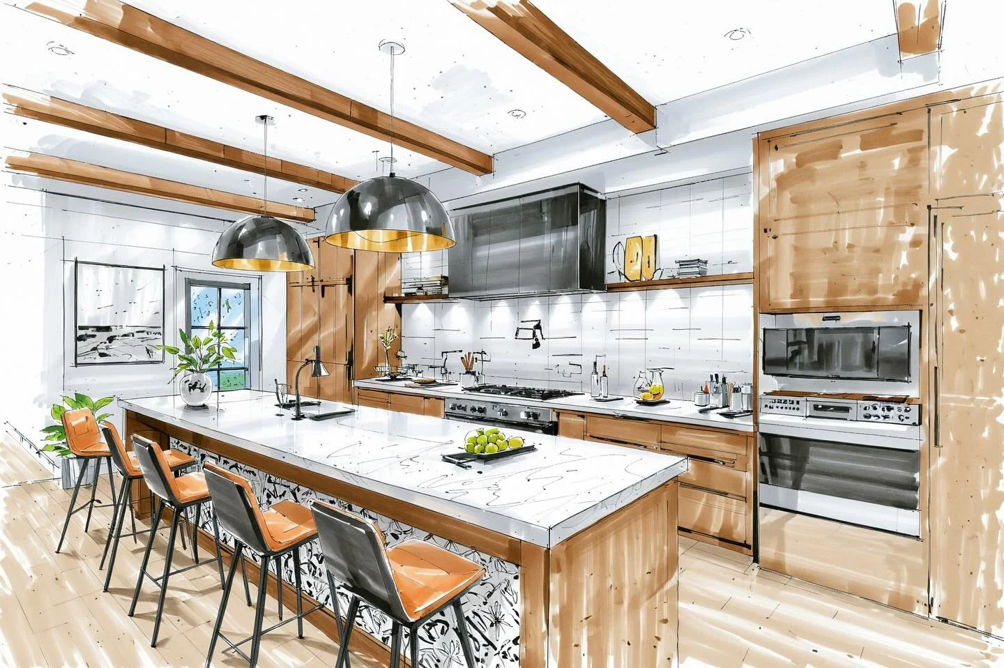 A new design sketch for modern farmhouse kitchen. With white oak cabinetry, marble tops, and blackened steel accents this will be perfect for an entertaining family who love to cook. 

#luxuryhome #modernfarmhouse #architecture #family