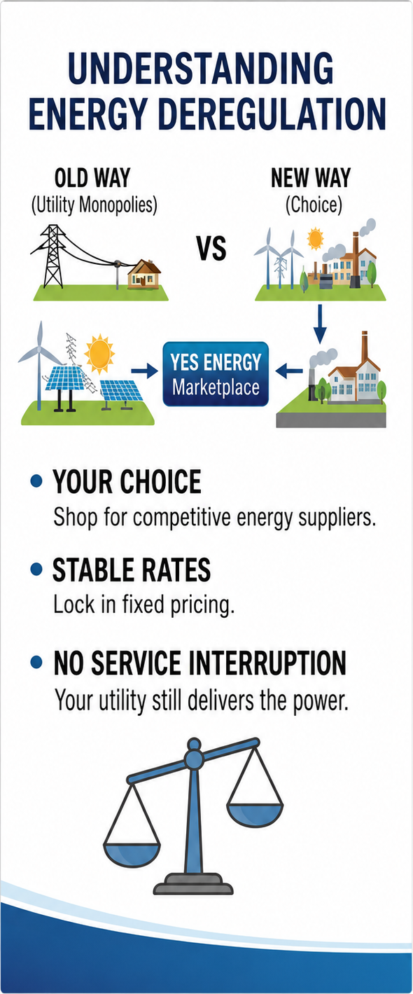 Diagram contrasting old utility monopolies with a new energy marketplace, emphasizing consumer choice, stable fixed rates, and uninterrupted power supply.