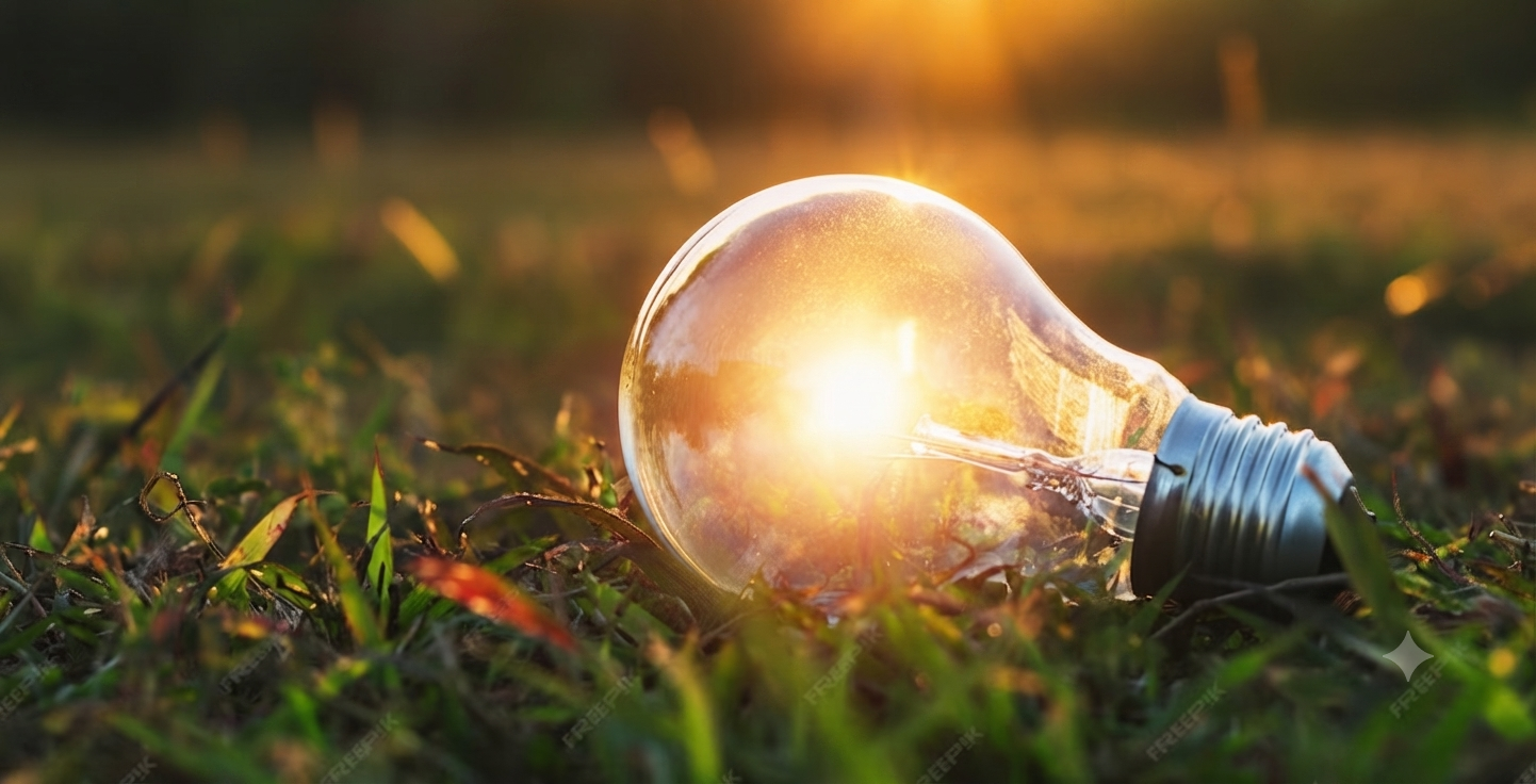 Light bulb lying on grass with the sunset reflecting off the glass, symbolizing ideas or innovation.