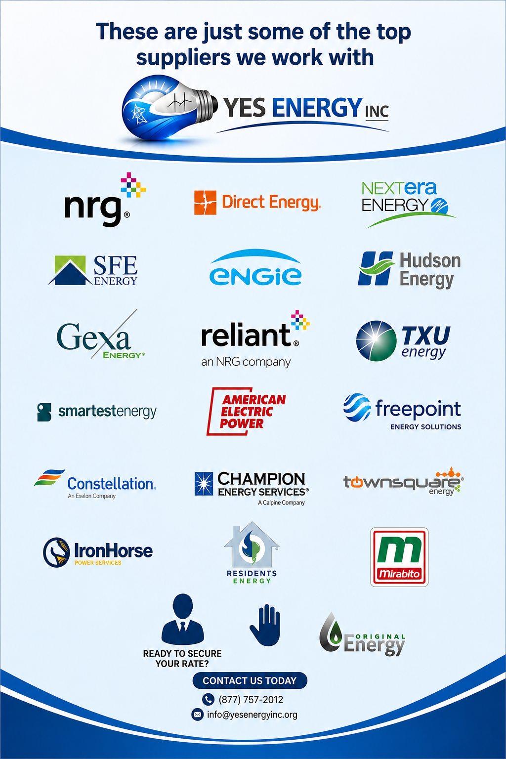 A promotional poster for YES Energy Inc. displaying logos of various energy suppliers including nrg, Direct Energy, NextEra Energy, SFE Energy, Engie, Hudson Energy, Gexa Energy, Reliant, TXU Energy, Smartest Energy, American Electric Power, Freepoin