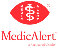 Medicare alert logo with a red background, caduceus symbol in the center, and the words 'MedicAlert' below.