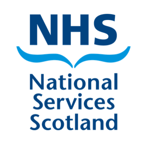 Logo of NHS Scotland's National Services with blue text and wave design