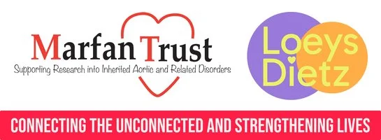 Logos of Marfan Trust and Loeys-Dietz Foundation with the slogan 'Connecting the Unconnected and Strengthening Lives' in red background