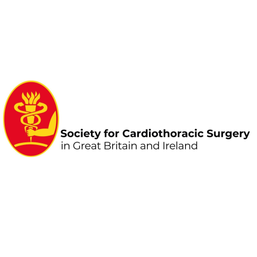 Logo of the Society for Cardiothoracic Surgery showing a stylized yellow torch with a snake wrapped around it, on a red oval background, with the organization name and description in black text.