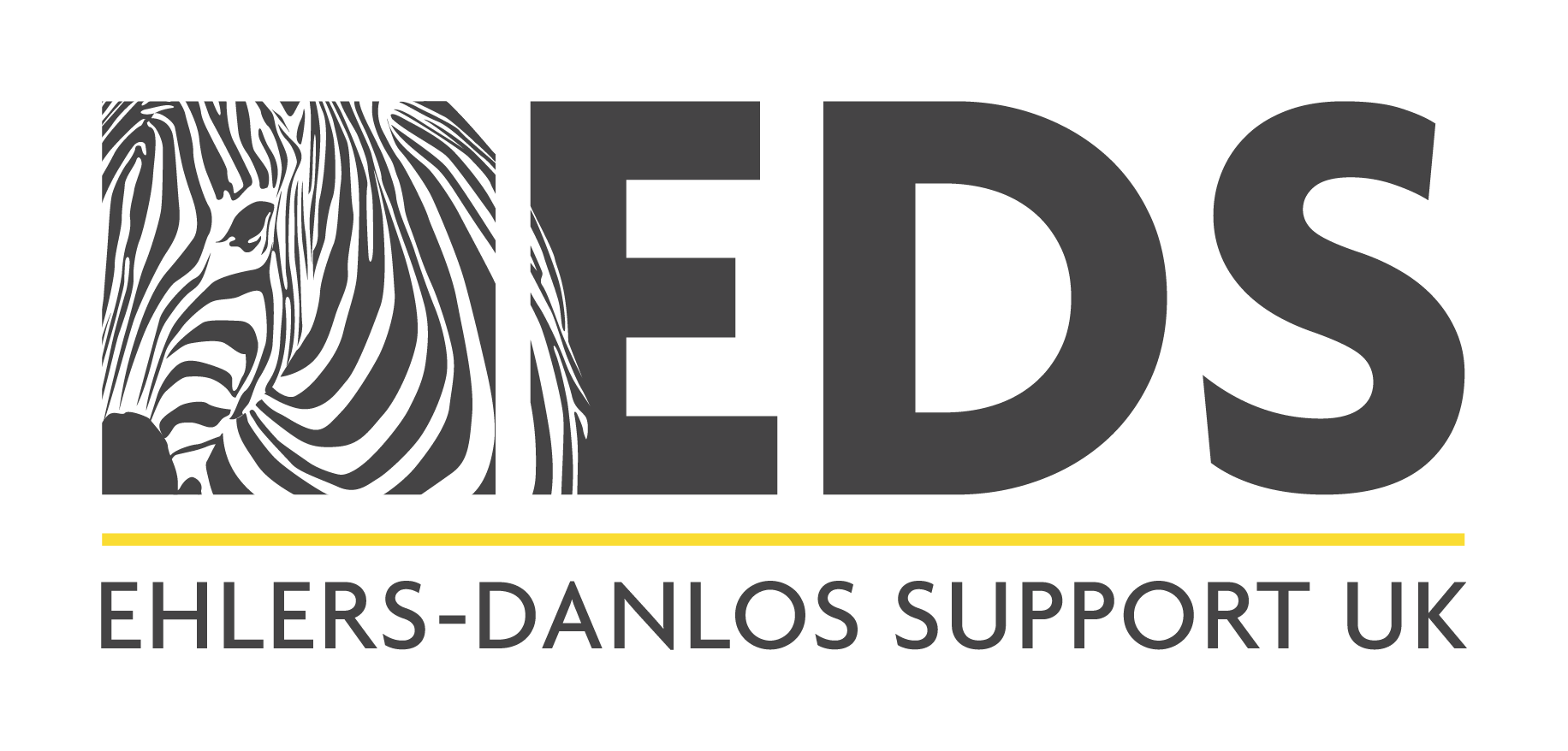 The logo of Ehlers-Danlos Support UK displaying a stylized zebra face in black and white next to bold letters 'EDS' with a yellow line below and the full name 'Ehlers-Danlos Support UK' underneath.