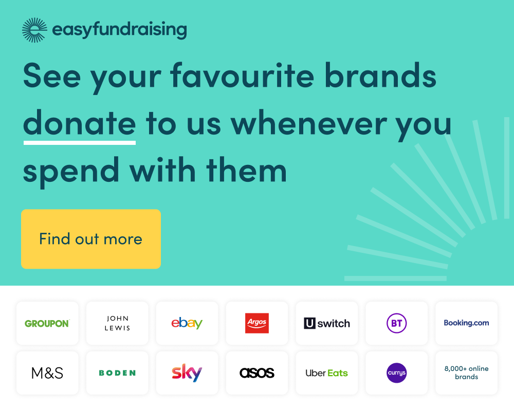 A digital advertisement for easyfundraising promoting donations from popular brands like Groupon, eBay, Amazon, and Booking.com, encouraging consumers to support charities through their shopping.