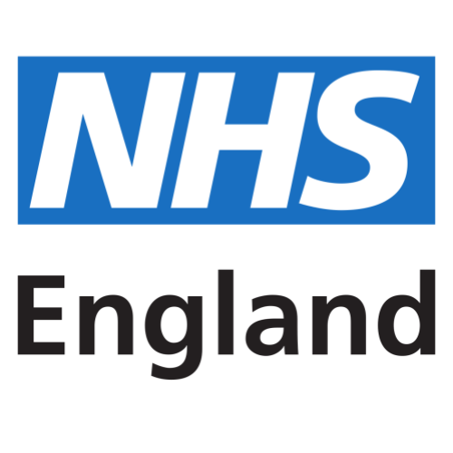 NHS England logo with blue background and white letters for NHS, and black text for England.