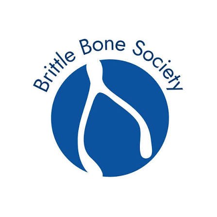 Logo of the Brittle Bone Society featuring a stylized white bone inside a blue circle with the organization's name curved around it.