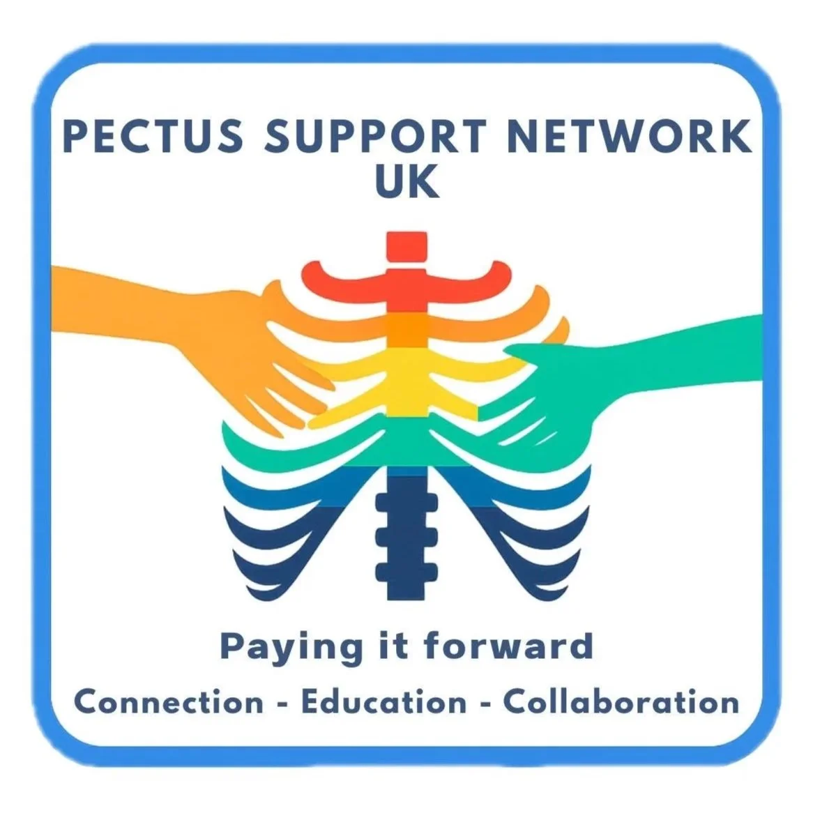 Logo for Pectus Support Network UK, featuring stylized rainbow-colored ribcage with two hands shaking on either side. Text includes 'Pectus Support Network UK' at the top, 'Paying it forward' in the middle, and 'Connection - Education - Collaboration' at the bottom.