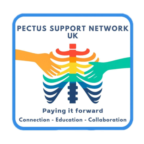 Logo of PECTUS Support Network UK with three colorful hands reaching toward a stylized spine, tagline 'Paying it forward,' and the words 'Connection - Education - Collaboration.'