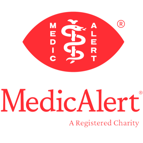 MedicaAlert logo with a red oval containing a white medical caduceus symbol and the words 'MEDIC' and 'ALERT' around it, and 'MedicAlert' in red text below, along with the phrase 'A Registered Charity'.
