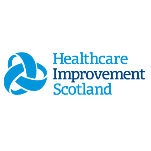 Healthcare Improvement Scotland logo with a blue abstract knot design and blue and black text.