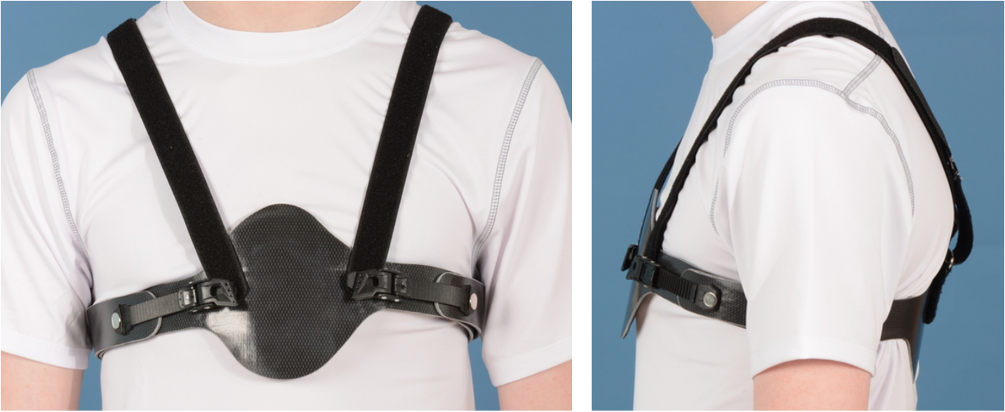 Person wearing a black back and chest harness over a white athletic shirt, shown from front and side angles against a blue background.