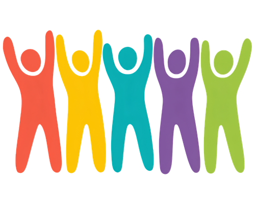 Five colorful abstract human figures with raised arms, standing side by side.