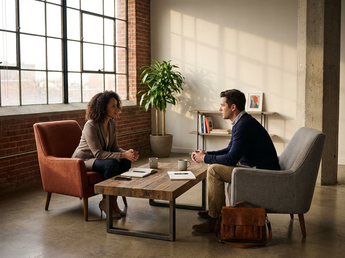 A man and woman are having a conversation in a modern office with large windows, exposed brick wall, and potted plant. They sit across from each other at a small wooden table with notebooks and coffee mugs.