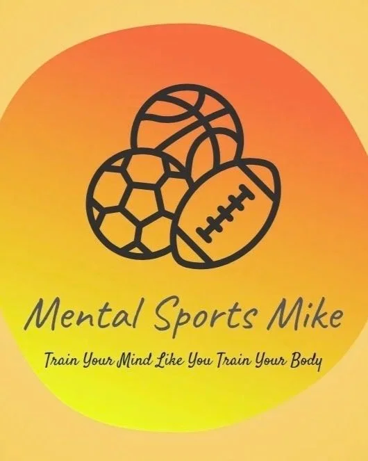 Logo with outline of basketball, soccer ball, and American football, yellow and orange gradient background, text reads 'Mental Sports Mike' and 'Train Your Mind Like You Train Your Body'.