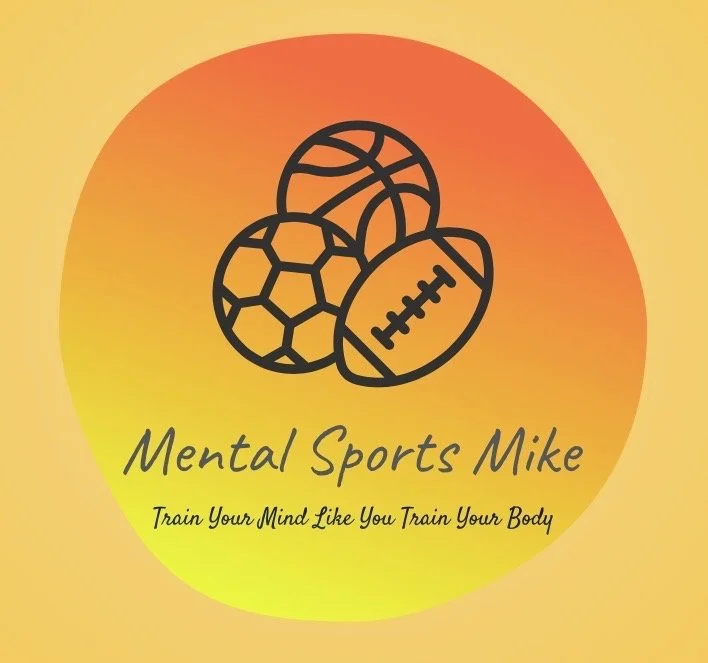 Logo for Mental Sports Mike featuring icons of a basketball, soccer ball, and football, with the tagline 'Train Your Mind Like You Train Your Body'