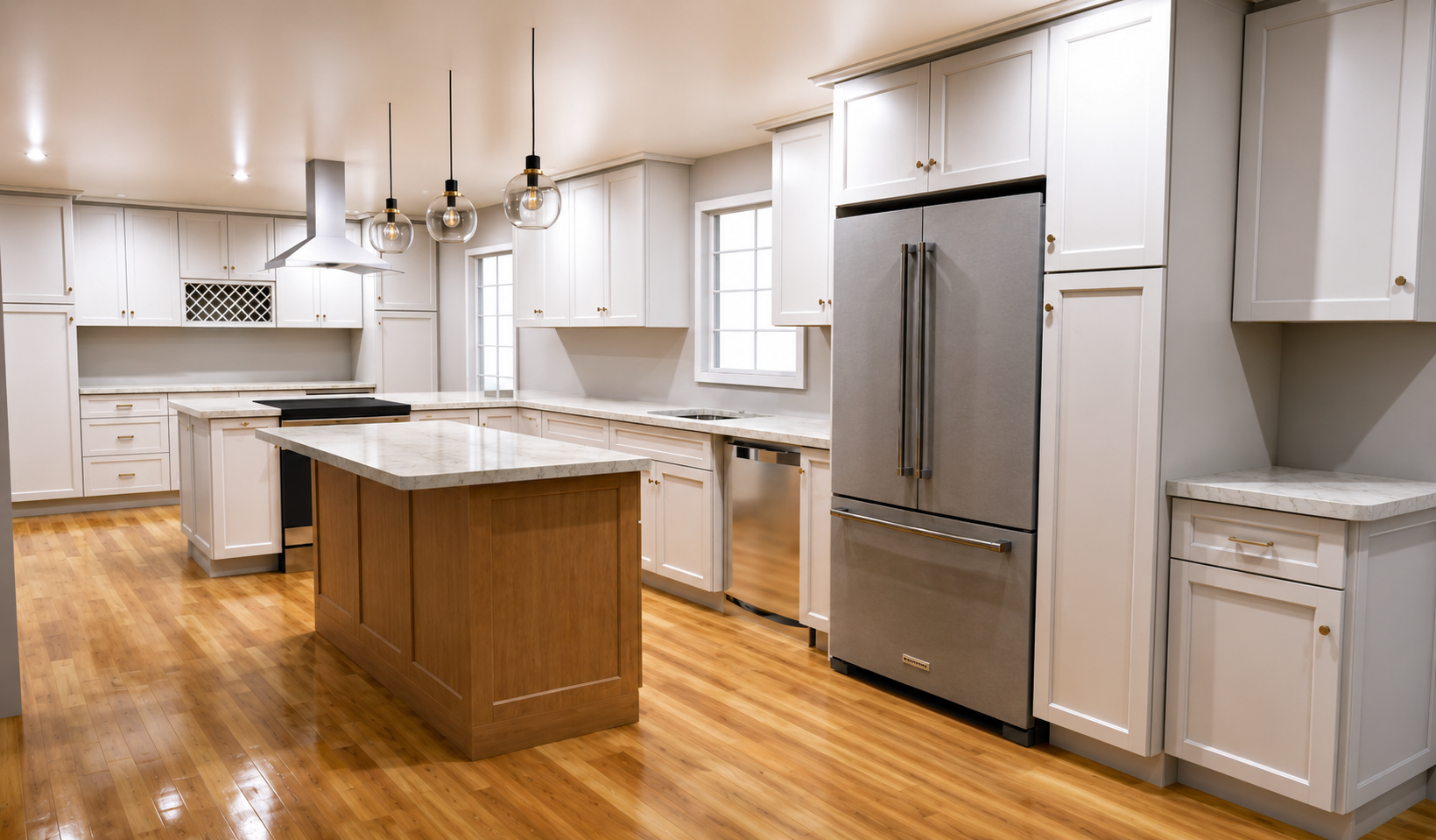 3D kitchen rendering with white cabinetry, wood island, stainless steel appliances, and hardwood flooring