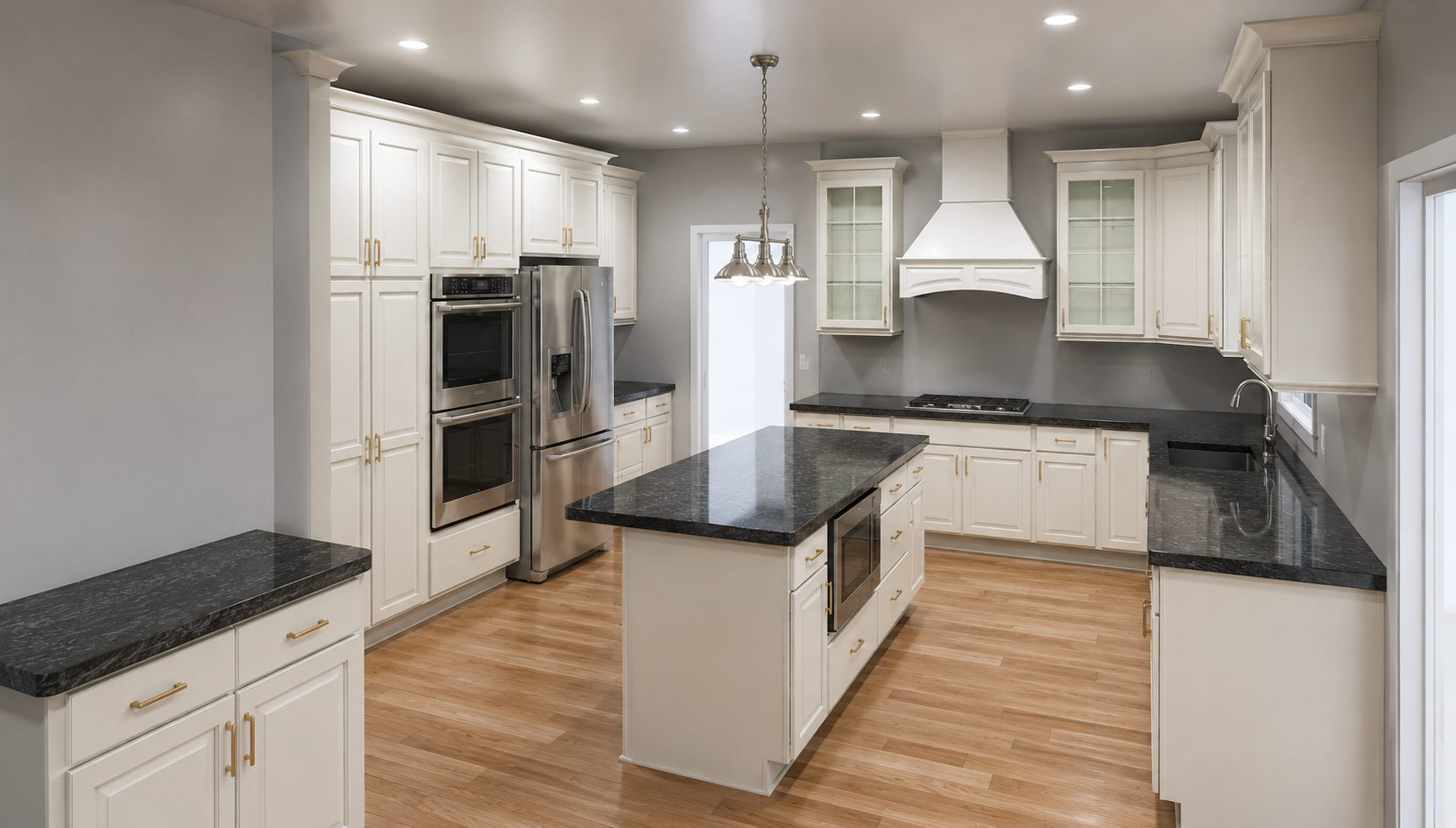 3D kitchen rendering with white cabinetry, center island, dark countertops, and custom range hood