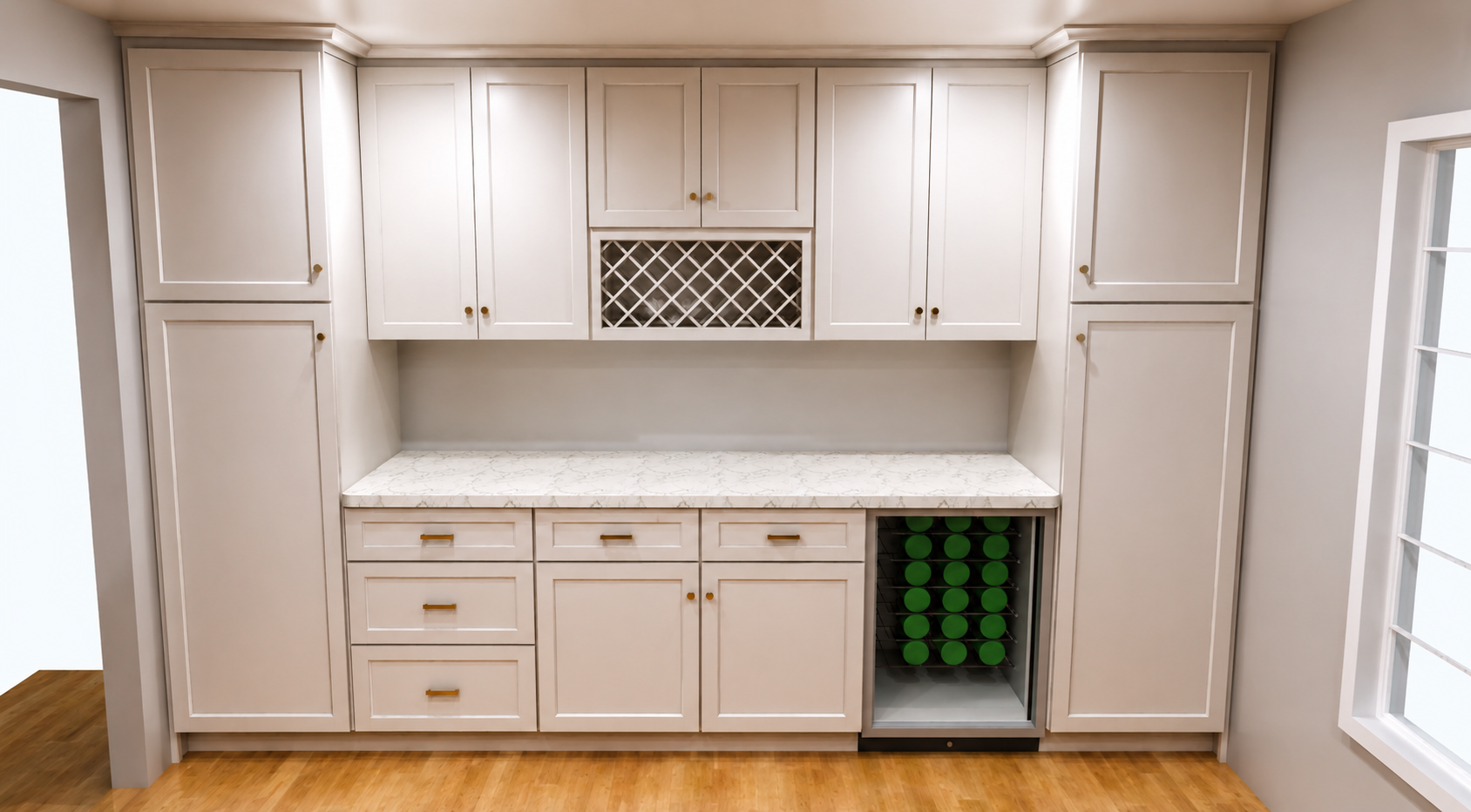 3D kitchen rendering of custom cabinetry with wine storage and beverage refrigerator