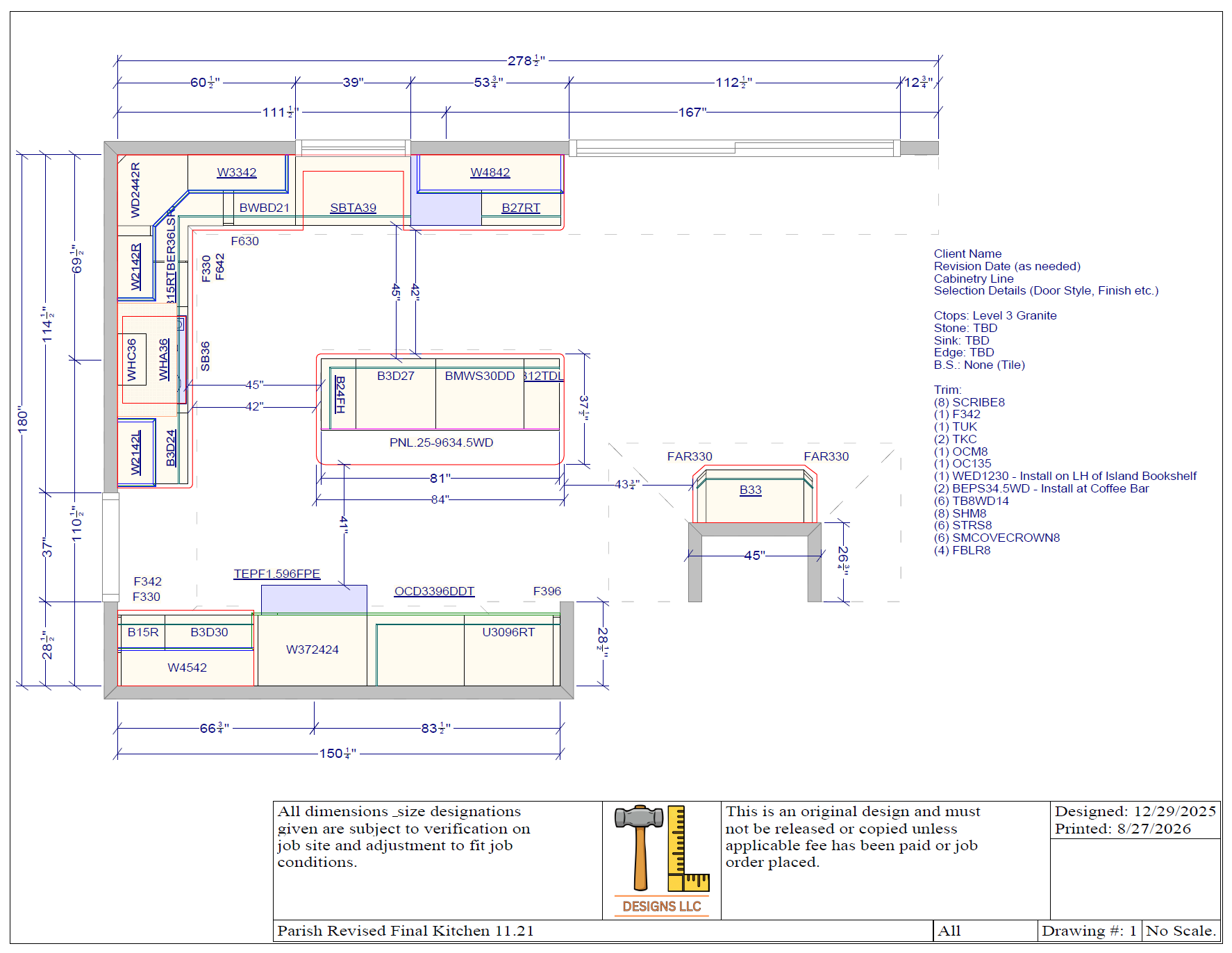 Kitchen floor plan showing cabinetry, island, appliance layout, and dimensions