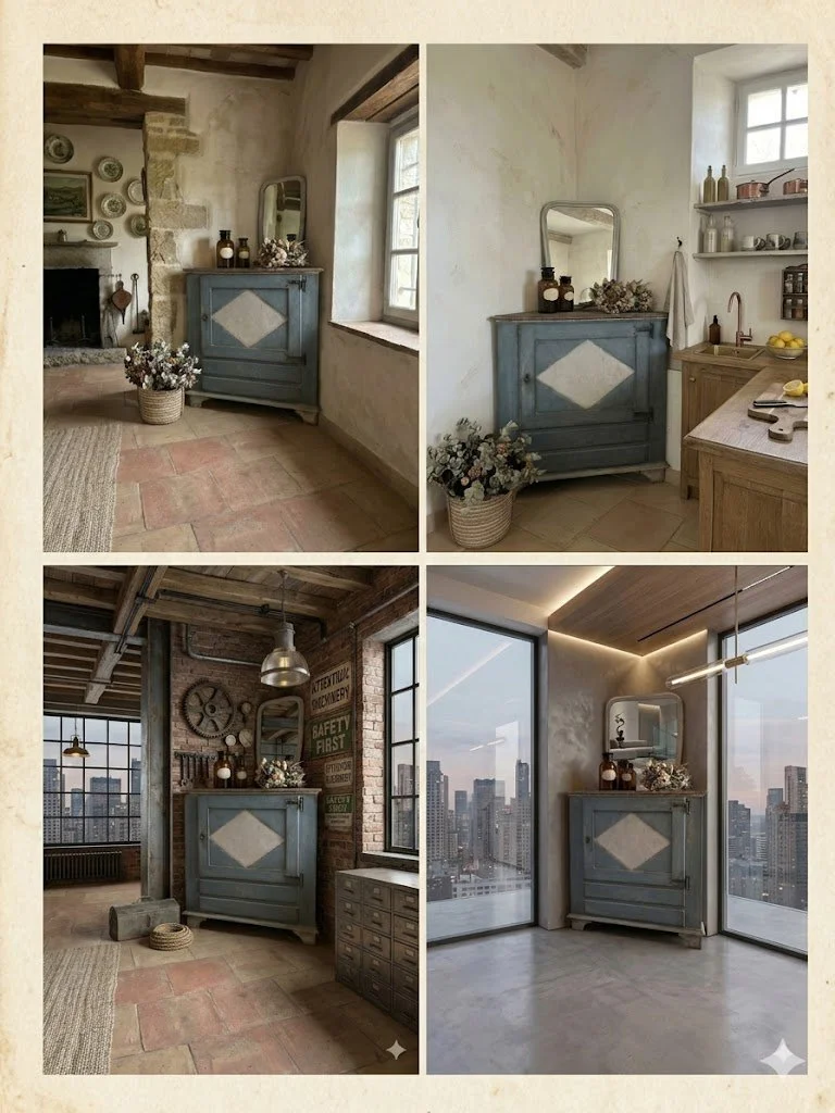 Immagini di un mobile blu con uno specchio sopra, in diversi ambienti che variano da uno stile rustico a uno moderno, con finestra e vista sulla città.