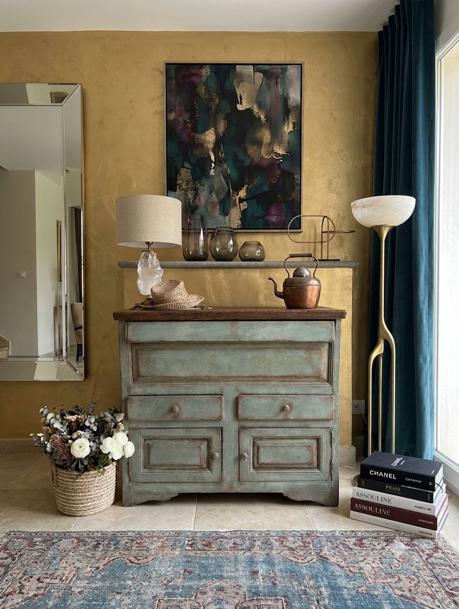 Interno di soggiorno con mobile vintage, decorazioni, quadri e piante, davanti a parete gialla, con tenda blu e tappeto sul pavimento.