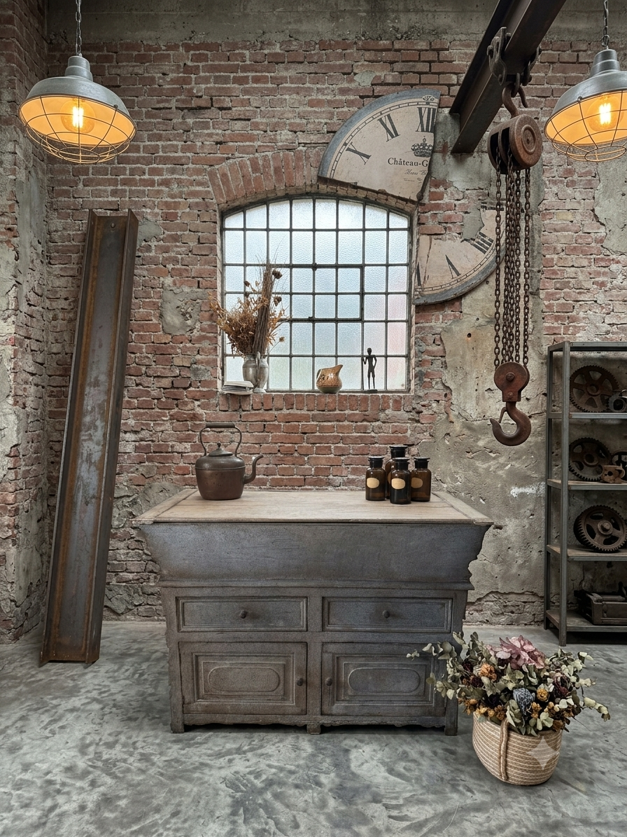 Interno industriale con pareti di mattoni e arredamento vintage, un tavolo in legno, bottiglie scure, lampade a sospensione e scaffali con ingranaggi metallici, decorazioni di fiori secchi e un orologio antico