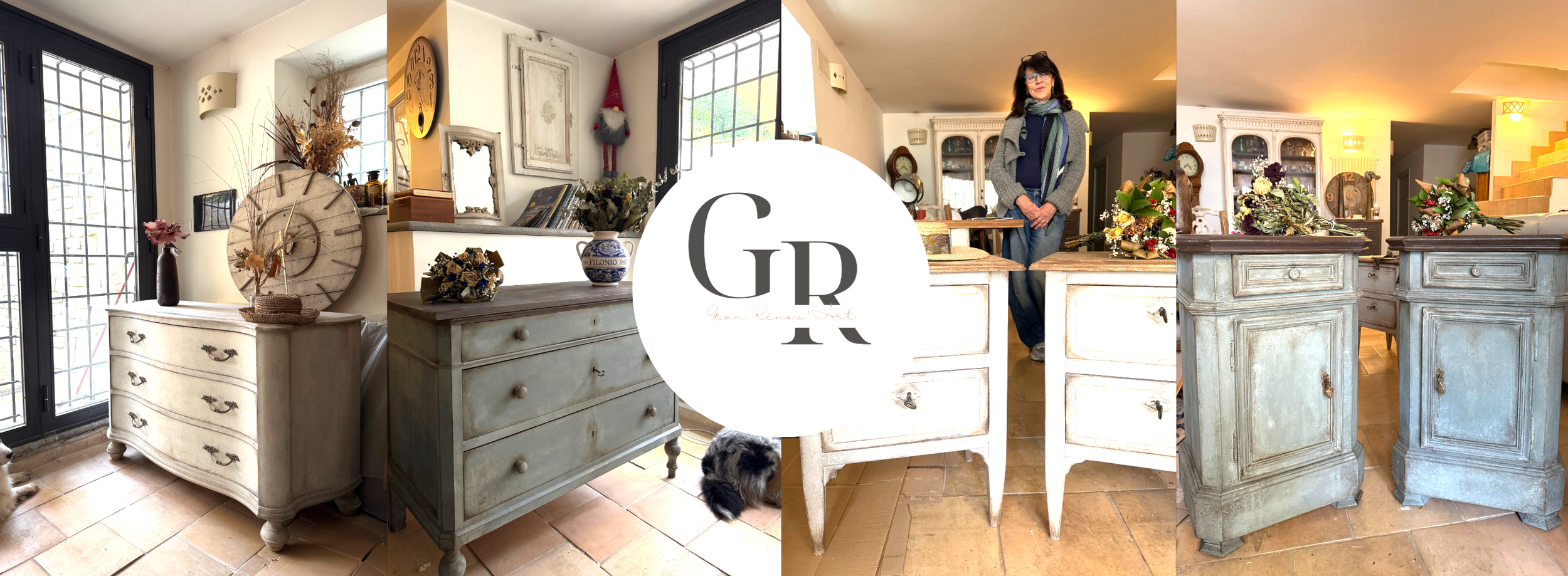 Interni di una casa con mobili vintage bianco in stile shabby chic, decorazioni con fiori e oggetti d'antiquariato, una donna e un cane nel soggiorno.